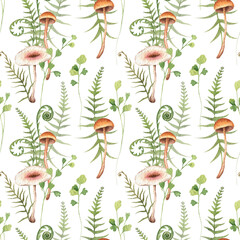 Watercolor woodland seamless pattern. Wild forest mushrooms, herbs, fern. Botanical print. Hand drawn children illustration on white background for wallpaper, postcard, textile, wrapping, fabric.