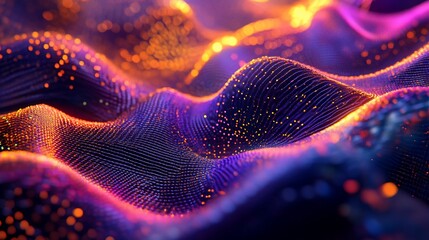 Abstract purple and orange digital wave with glowing particles and soft focus effect