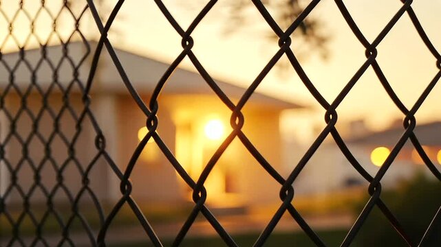 A homeless person looking through a fence at a home
