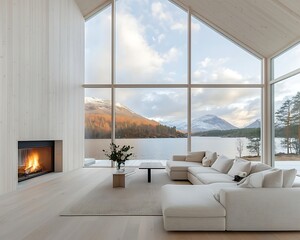 Lakeside Cabin Living Room Sunset View.