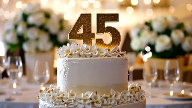 45th birthday cake adorned a gold accents. Birthday party. Blurred light festive background. Golden balloons. Forty five years, Forty-fifth anniversary. Celebration cake, golden candles. Numbers 45