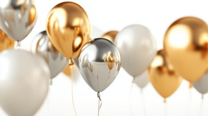 Festive 3D golden and silver air balloons with light reflections, arranged beautifully on a clean white background.
