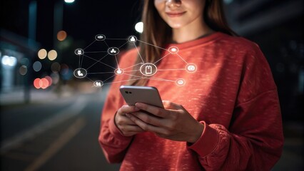 Mobile Banking. Woman uses smartphone at night, glowing network icons surround the device. She wears a red sweater, background is blurred city street