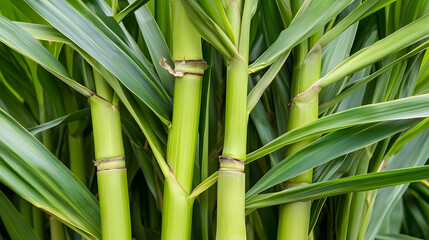 Fototapeta premium Lush green sugarcane stalks in a field, close-up view, for agriculture or food industry use