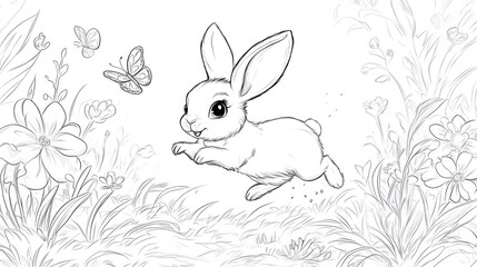 Obraz premium Bunny hopping meadow flowers spring children's book illustration