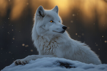 Obraz premium White wolf looking over a snowy landscape with golden light