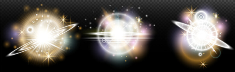 Set of flash light effect with glare and glow on a transparent background. Magic, rainbow glow, shining light, stars, optical flares for design, photomontage, New Year and holiday projects.