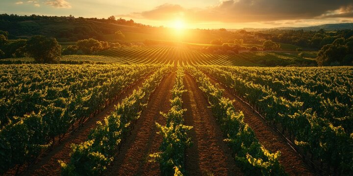 Aerial View of Modern Vineyard with Augmented Reality Farm Data Overlays and Futuristic Agriculture Technology