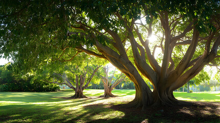 Naklejka premium Majestic fig trees in park sunlight, green grass background, peaceful nature scene, perfect for relaxation or nature documentaries