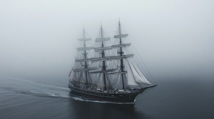 Sailing ship, foggy sea, coastal travel, misty background
