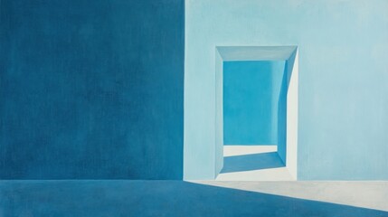 Abstract architectural hallway, light and shadow, light blue walls. Interior design concept