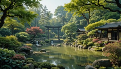 Tranquil garden reflection japanese landscape nature scene serene environment peaceful viewpoint