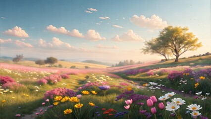 Obraz premium Vibrant Meadow Blooming in Bright Spring Sunlight 