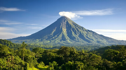 Fototapeta premium Majestic Volcano in Tropical Landscape Clear Sky, Lush Jungle. Travel Poster