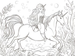 Fototapeta premium Unicorn Princess Riding a Magical Unicorn Horse in Fantasy Landscape Artwork
