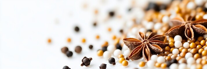 An abstract background featuring a variety of spices, including star anise and colorful peppercorns, arranged on a light surface with ample copy space