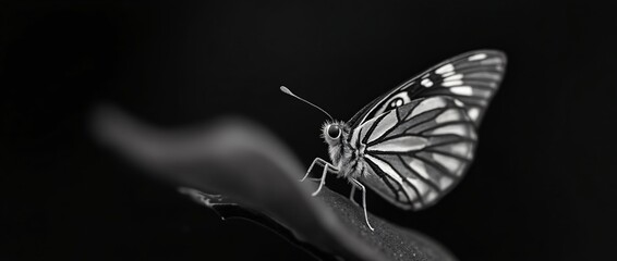Macro photography of a butterfly on a black background, Phase One XF IQ4 150 MP, low exposure, high contrast black and white
