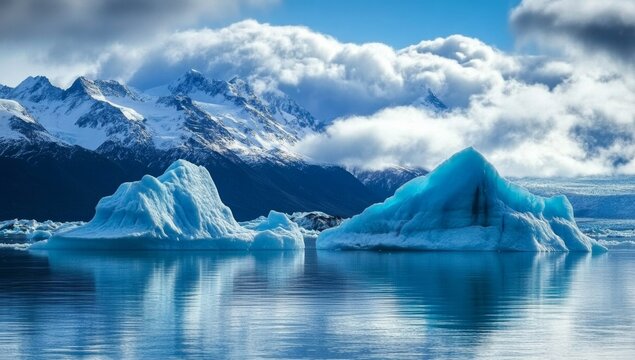 Glacial lagoon, icebergs, mountains, reflection, clouds, Patagonia, travel, serenity