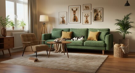 Living Room Interior with Green Couch, Cat, and Natural Light