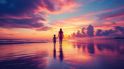 Fototapeta premium A silhouette of a mother and child walking along the beach at sunset, reflecting vibrant colors on the water's surface.
