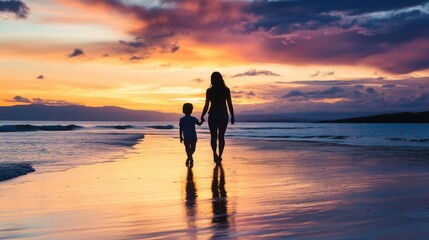 Obraz premium A silhouette of a woman and child walking hand in hand along a beach at sunset, surrounded by vibrant colors in the sky.