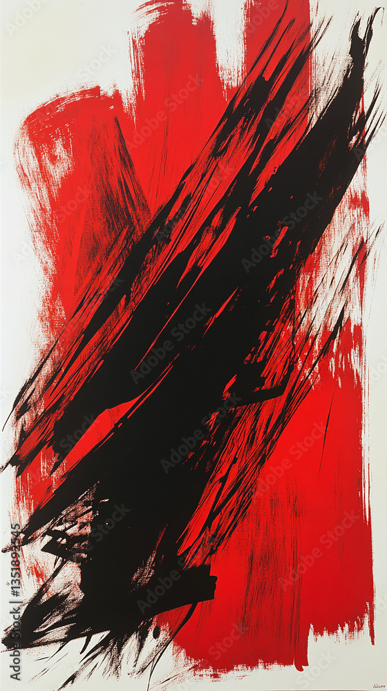 Poster abstract artwork featuring bold red and black brushstrokes on white background dynamic composition c