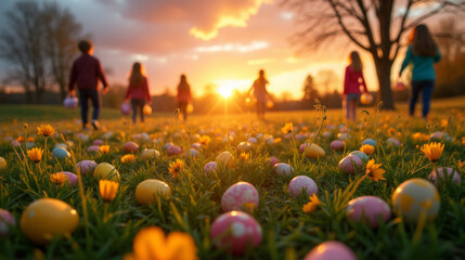 Children with baskets walk through a field of Easter eggs and wildflowers, bathed in the warm glow of sunset.