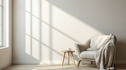 Cozy, sun-drenched reading nook.  A light-filled, minimalist interior with a comfortable armchair, a small side table, and a warm blanket. 