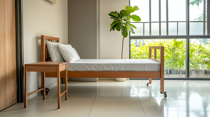 Modern hospital room with bed, bedside table, and large window showing plants.  Perfect for healthcare websites