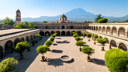Naklejka premium Monastery courtyard, volcano view, Mexico, peaceful garden. Travel brochure, tourism