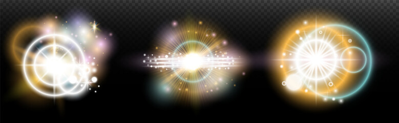 Set of flash light effect with glare and glow on a transparent background. Magic, rainbow glow, shining light, stars, optical flares for design, photomontage, New Year and holiday projects.