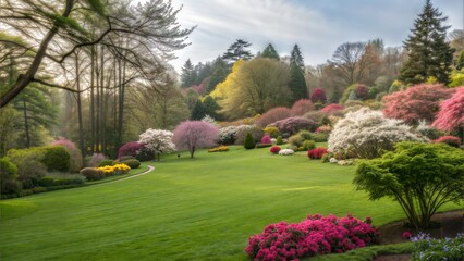 Naklejka premium A beautiful spring garden with a lush green lawn and vibrant blooming flowers. A diverse spectrum of colorful flowers creating a panoramic view of natural beauty. (Flower)