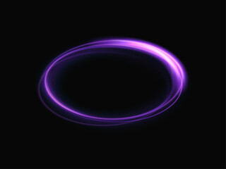 Shining ring with neon purple lines, mesmerizing light swirl. Glowing circle. Light speed effect. Deep black background, light motion effect.