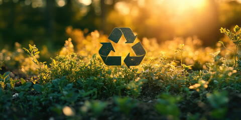 Green recycling symbol made of transparent foliage textures, illuminated by sunlight in lush forest...