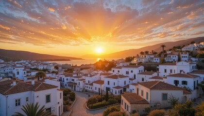 Fototapeta premium Sunset over whitewashed villages coastal greece landscape photography serene environment aerial view