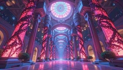 Obraz premium vibrant pink and blue atrium with arches and columns