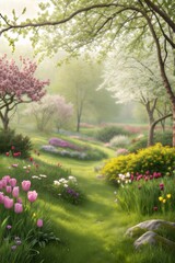Fototapeta premium Lush Spring Garden with Blooming Flowers and Green Lawn 