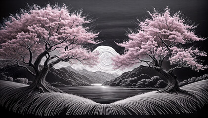 Cherry blossom tree drawn with chalk on a blackboard　黒板にチョークで描いた桜の木
