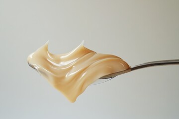 Creamy, light beige substance with a smooth texture, delicately scooped on a spoon.