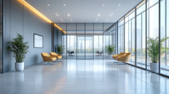 modern office interior bright natural light glass walls minimalistic design wide angle perspective