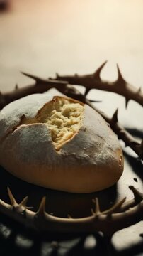 Bread loaf resting on crown of thorns for Christian Good Friday concept.
