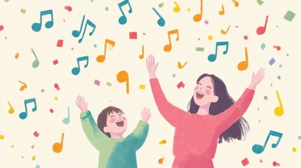 Obraz premium A joyful scene depicting a woman and a child celebrating with musical notes and colorful confetti in the background.