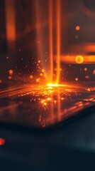 Bright orange sparks burst from surface.