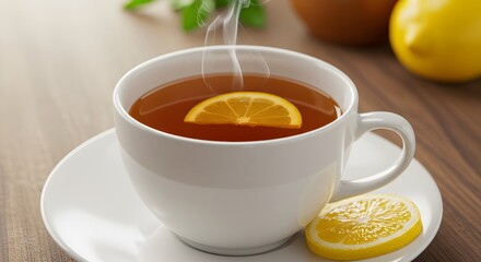 Steaming Herbal Tea in Porcelain with lemon
