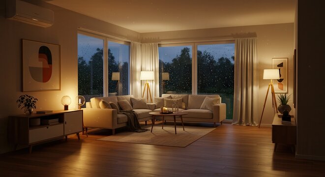 Living Room Interior with Rain Outside Window and Soft Lighting