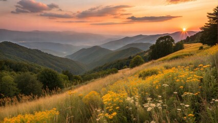 The sun sets over a valley filled with golden wildflowers, casting a warm glow across the mountainous landscape. (Flower)