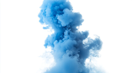 A cloud of blue smoke rising against a stark white background creating a dramatic and ethereal effect