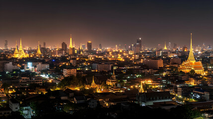 Fototapeta premium Night cityscape, illuminated temples, Asian city skyline, panoramic view, travel brochure