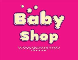 Vector Advertising banner Baby Shop. Cute Round Font. Bright Kids  Alphabet Letters and Numbers