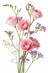 Pink ranunculus, limonium, and purple freesia in a floral arrangement, isolated on white. (Flower)